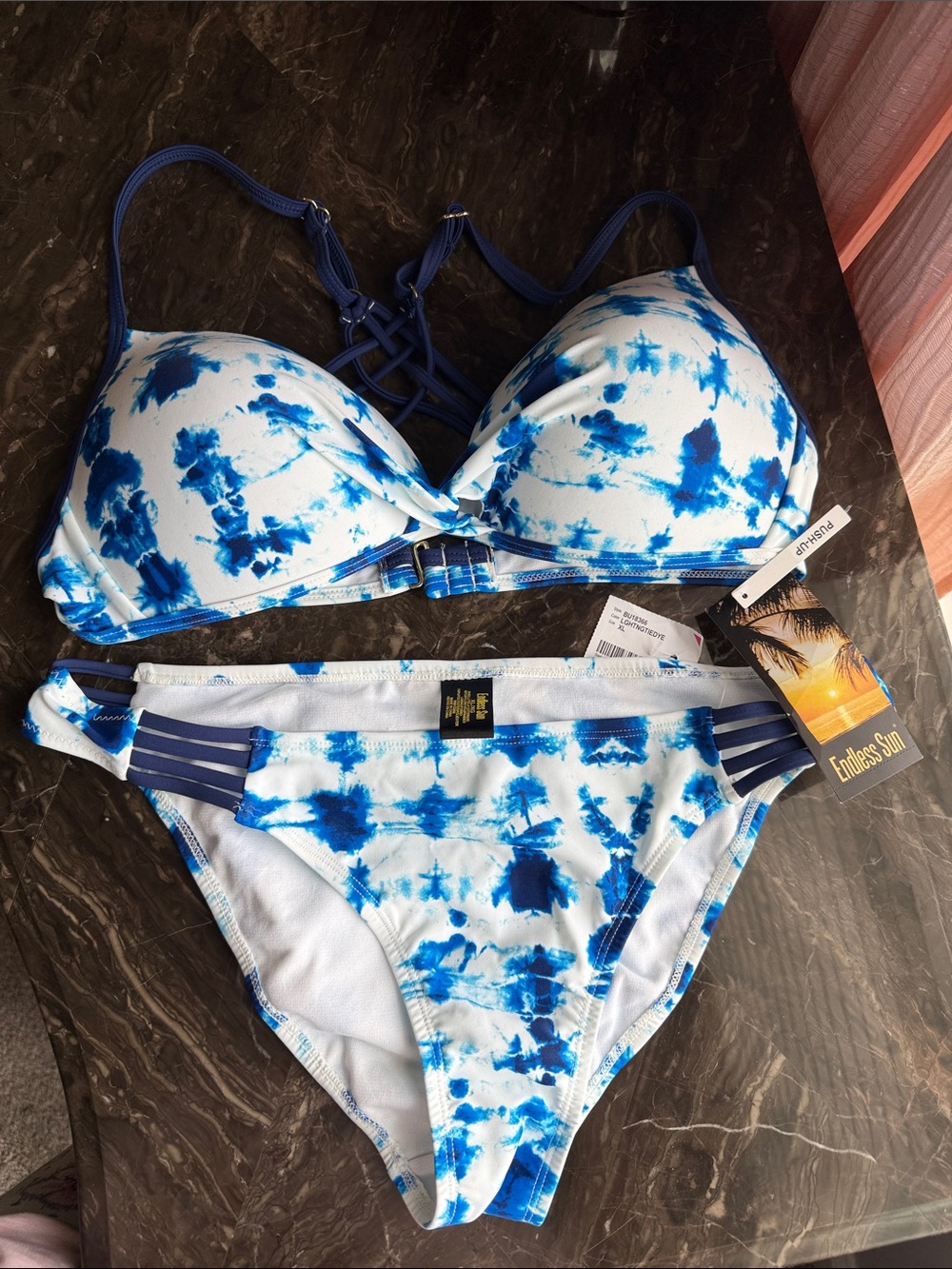 Endless Sun Blue Tie-Dye Crisscross Push-Up Bikini